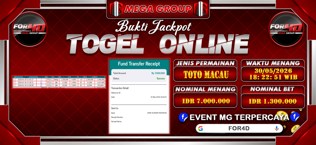 Bukti JP situs For4D hari Sabtu, 30 Mei 2026